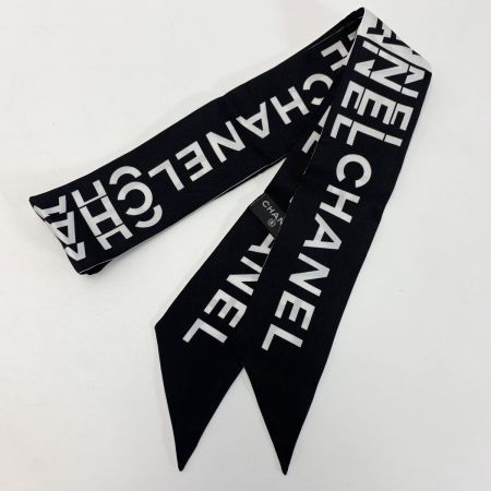  CHANEL シャネル ヘアバンド 細いスカーフ ツイリー ホワイト×ブラック シルク100％