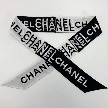  CHANEL シャネル ヘアバンド 細いスカーフ ツイリー ホワイト×ブラック シルク100％
