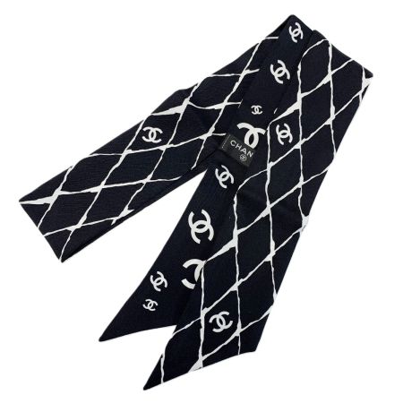  CHANEL シャネル ヘアバンド 細いスカーフ ツイリー ブラック×ホワイト シルク100％