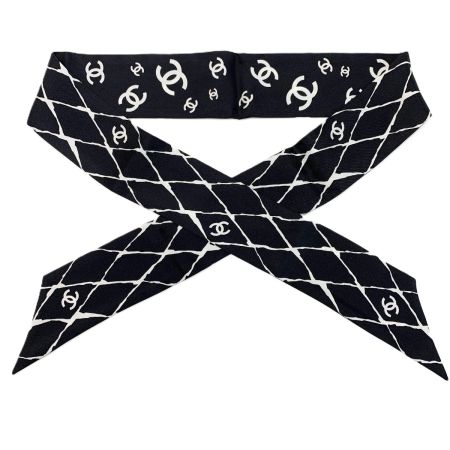  CHANEL シャネル ヘアバンド 細いスカーフ ツイリー ブラック×ホワイト シルク100％