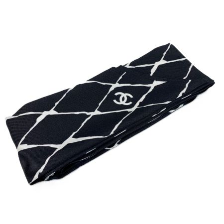  CHANEL シャネル ヘアバンド 細いスカーフ ツイリー ブラック×ホワイト シルク100％