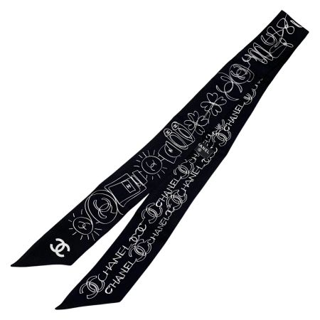  CHANEL シャネル ヘアバンド 細いスカーフ ツイリー ブラック シルク100％