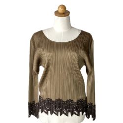 ☆☆ ISSEY MIYAKE イッセイミヤケ PLEATS PLEASE 長袖カットソー PP23-JK773 ブラウン×ダークブラウン サイズ 3 レディース Bランク