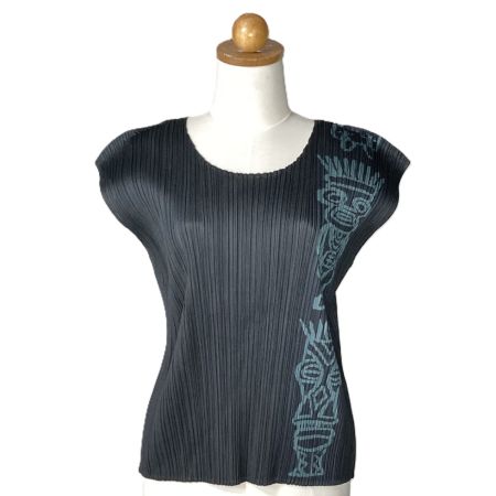  ISSEY MIYAKE イッセイミヤケ PLEATS PLEASE カットソー トーテムポール PP91-JK784 ブラック×グリーン サイズ 3 レディース