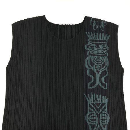  ISSEY MIYAKE イッセイミヤケ PLEATS PLEASE カットソー トーテムポール PP91-JK784 ブラック×グリーン サイズ 3 レディース