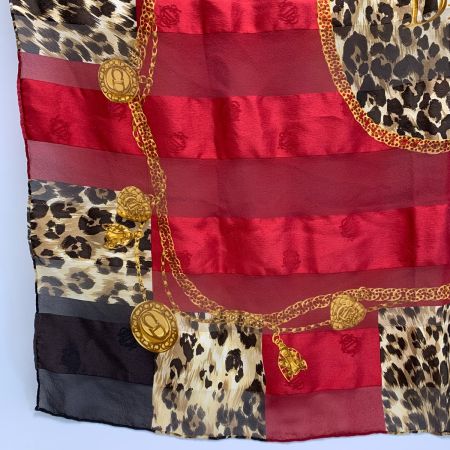  Christian Dior クリスチャンディオール スカーフ レッド×ダークブラウン 絹100％