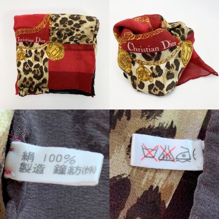  Christian Dior クリスチャンディオール スカーフ レッド×ダークブラウン 絹100％