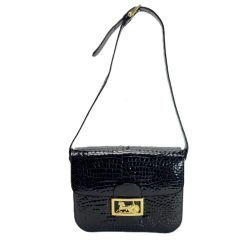 ☆☆ CELINE セリーヌ クロコ型押パテント レザー ゴールド馬車金具 ブラック ショルダーバッグ Cランク