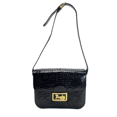  CELINE セリーヌ クロコ型押パテント レザー ゴールド馬車金具 ブラック ショルダーバッグ