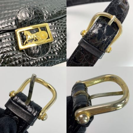  CELINE セリーヌ クロコ型押パテント レザー ゴールド馬車金具 ブラック ショルダーバッグ