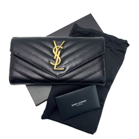  SAINT LAURENT(Yves Saint Laurent) 長財布 キャビアスキン ゴールドロゴ ブラック レザー レディース