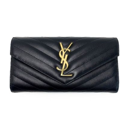  SAINT LAURENT(Yves Saint Laurent) 長財布 キャビアスキン ゴールドロゴ ブラック レザー レディース