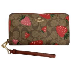 ☆☆ COACH コーチ ワイルド ストロベリー プリント ラウンドファスナー財布 CH523 ブラウン ストラップ付 Bランク