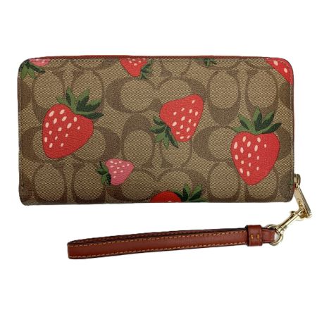  COACH コーチ ワイルド ストロベリー プリント ラウンドファスナー財布 CH523 ブラウン ストラップ付