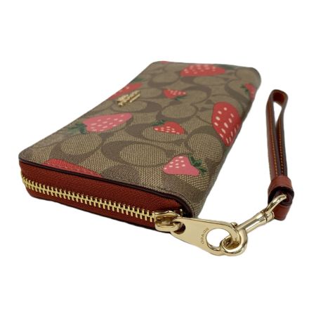  COACH コーチ ワイルド ストロベリー プリント ラウンドファスナー財布 CH523 ブラウン ストラップ付