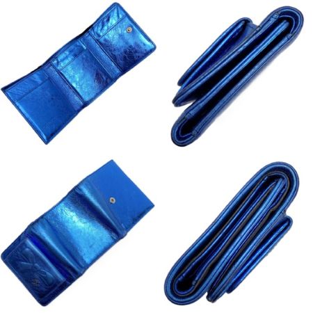  CHANEL シャネル 三つ折り財布 リボン レザー メタリックブルー シルバー金具