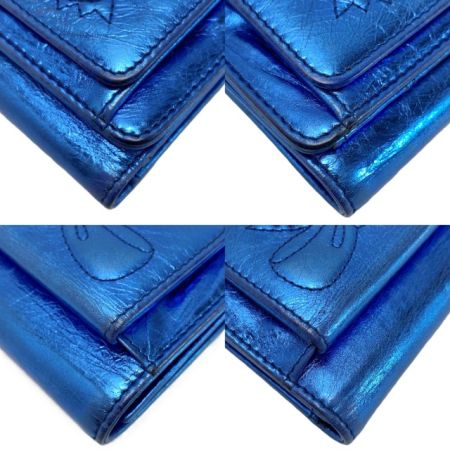  CHANEL シャネル 三つ折り財布 リボン レザー メタリックブルー シルバー金具