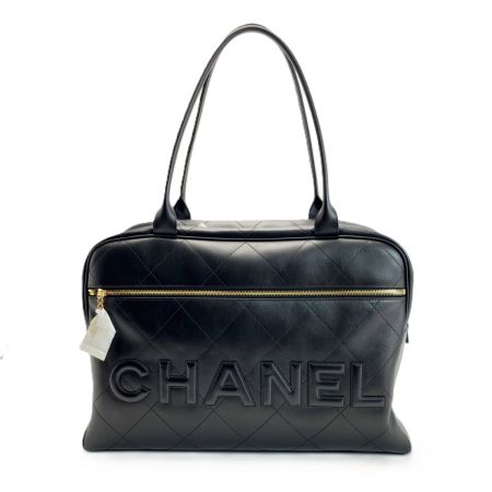 CHANEL シャネル ロゴ ボウラーバッグ ステッチ カーフスキン  ブラック ボストンバッグ