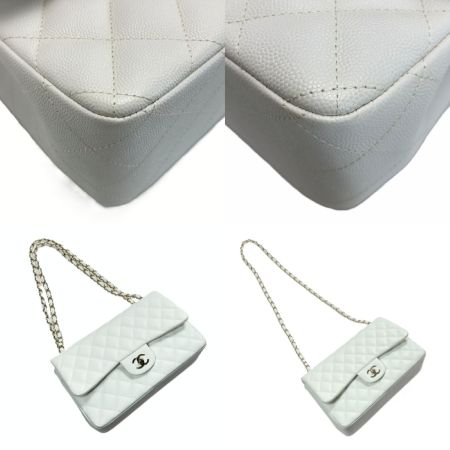  CHANEL シャネル マトラッセ ダブルフラップ チェーンショルダーバッグ ホワイト キャビアスキン ギャランティカード有