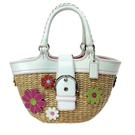  COACH コーチ ストローフラワーアップリケトート花 4443 ホワイト 袋有