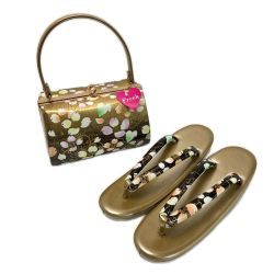 ☆☆  草履&バッグセット Fサイズ 草履長さ約24㎝ 花柄 箱付き 和装小物 ゴールド Aランク