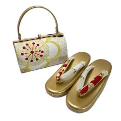 ☆☆  草履&バッグセット Fサイズ 草履長さ約24.5㎝ 花柄 箱付き 和装小物 ゴールド Aランク
