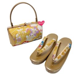 ☆☆  草履&バッグセット Fサイズ 草履長さ約24.5㎝ 花柄 箱付き 和装小物 ゴールド Aランク