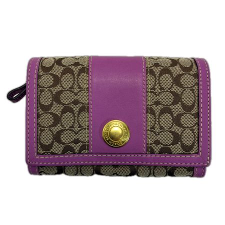  COACH コーチ ミニシグネチャー キャンバス×レザー ブラウン×パープル 2つ折り財布  レディース
