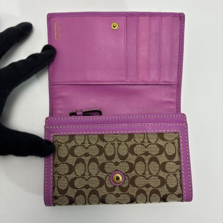  COACH コーチ ミニシグネチャー キャンバス×レザー ブラウン×パープル 2つ折り財布  レディース