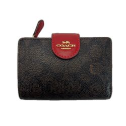 ☆☆ COACH コーチ 2つ折り財布 CW786 ダークブラウン×レッド レディース  Bランク