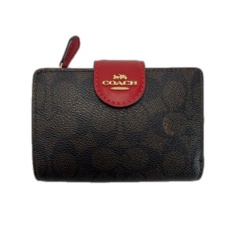  COACH コーチ 2つ折り財布 CW786 ダークブラウン×レッド レディース 