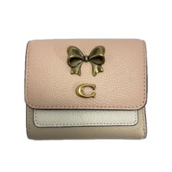 ☆☆ COACH コーチ レザー リボン CA014 ピンク×アイボリー 3つ折り財布  レディース Bランク