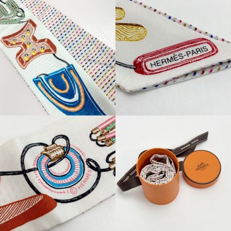 HERMES エルメス ツイリー Chevalo scope Neon ネオン ホワイト×マルチカラー シルク100％ スカーフ 箱有