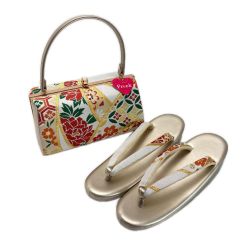 ☆☆  草履&バッグセット Fサイズ 草履長さ約24.5㎝ 花柄 箱付き 和装小物 Aランク