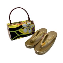 ☆☆  草履&バッグセット Fサイズ 草履長さ約24.5㎝ 花柄 箱付き 和装小物 Aランク