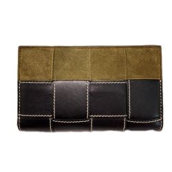 BOTTEGA VENETA ボッテガヴェネタ ラウンドファスナー長財布 レザー×スウェード ブラック×カーキ 箱・保存袋有 Bランク