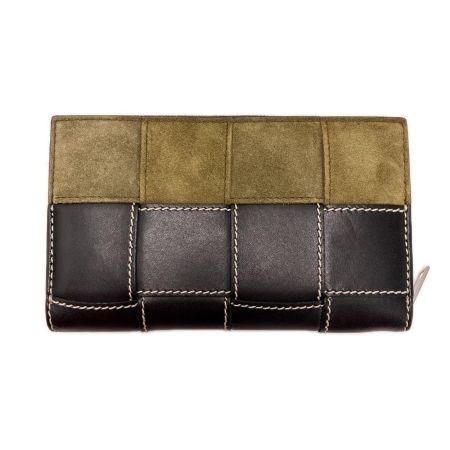 BOTTEGA VENETA ボッテガヴェネタ ラウンドファスナー長財布 レザー×スウェード ブラック×カーキ 箱・保存袋有