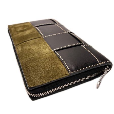 BOTTEGA VENETA ボッテガヴェネタ ラウンドファスナー長財布 レザー×スウェード ブラック×カーキ 箱・保存袋有