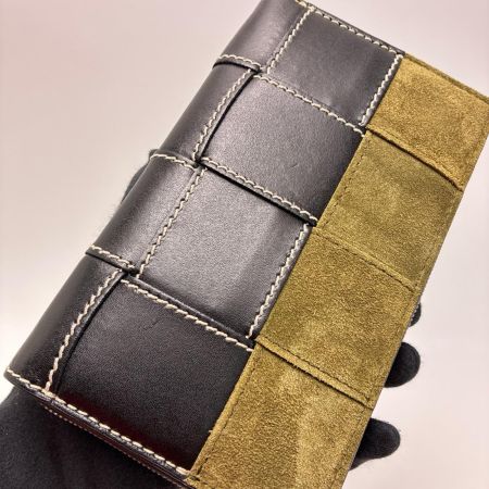 BOTTEGA VENETA ボッテガヴェネタ ラウンドファスナー長財布 レザー×スウェード ブラック×カーキ 箱・保存袋有