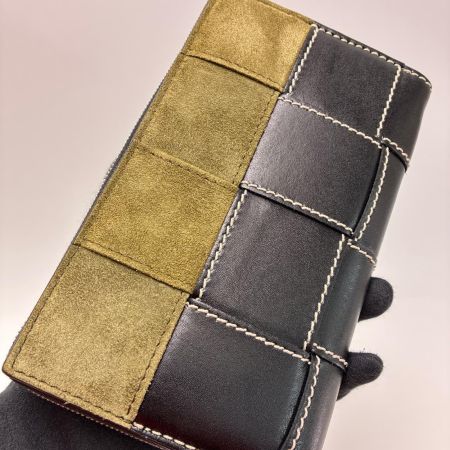 BOTTEGA VENETA ボッテガヴェネタ ラウンドファスナー長財布 レザー×スウェード ブラック×カーキ 箱・保存袋有