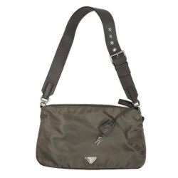 PRADA プラダ 三角ロゴプレート テスートxレザー グレージュ 保存袋 パドロック キー×2 ショルダーバッグ Bランク