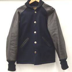 △△ SKOOKUM スクーカム レザー切替スタジャン サイズ38 USA製 ブラウン x ネイビー Bランク