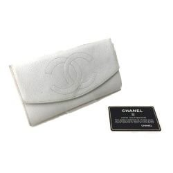 △△ CHANEL シャネル キャビアスキン 長財布 ココマーク ギャランティカード付 ホワイト Cランク