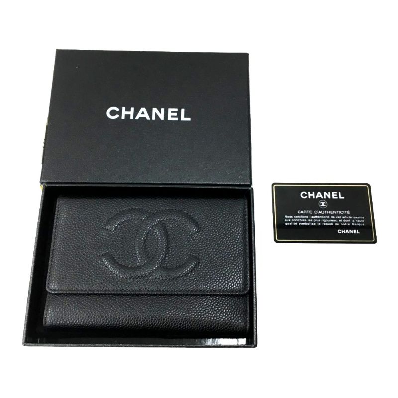 中古】 CHANEL シャネル キャビアスキン ココマーク 三つ折り財布 箱