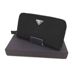 △△ PRADA プラダ ナイロン ラウンドファスナー長財布 テスート×カーフレザー M506 ブラック Bランク