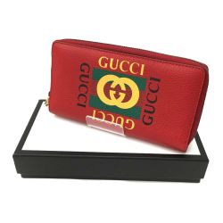 △△ GUCCI グッチ ヴィンテージロゴプリント ラウンドファスナー長財布 496317 レッド Aランク