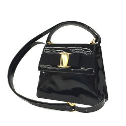 △△ Salvatore Ferragamo サルヴァトーレフェラガモ ヴァラリボン エナメル 2WAYバッグ BW-215677 ブラック Bランク