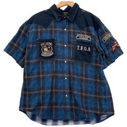 △△ VANSON バンソン ×T.F.O.Aバック刺繍 DEATH RABBIT デニム×チェック 半袖シャツ XXL ブルー Bランク