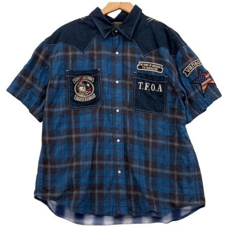  VANSON バンソン ×T.F.O.Aバック刺繍 DEATH RABBIT デニム×チェック 半袖シャツ XXL ブルー