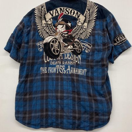  VANSON バンソン ×T.F.O.Aバック刺繍 DEATH RABBIT デニム×チェック 半袖シャツ XXL ブルー